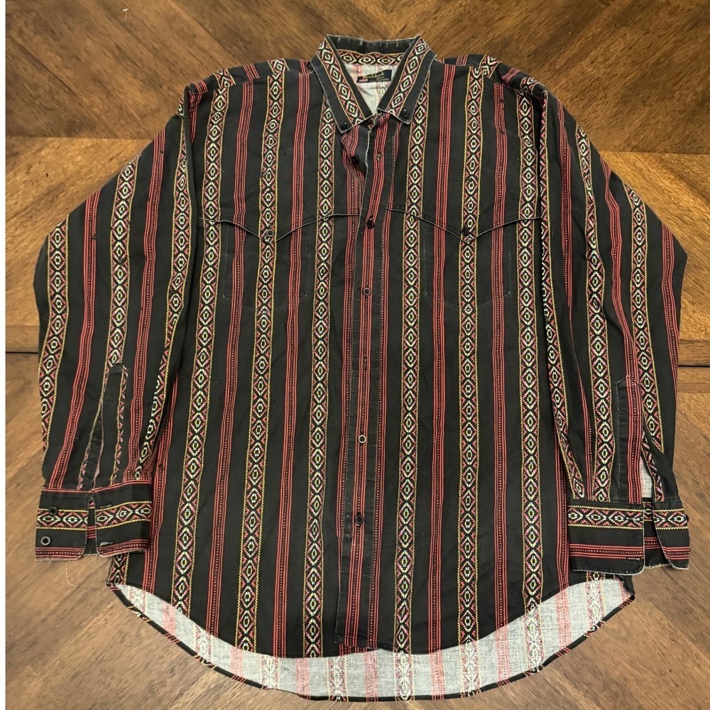 Ruddock Bros Mens Western Shirt Black Southwestern Aztec Stripe Pearl Snap Large